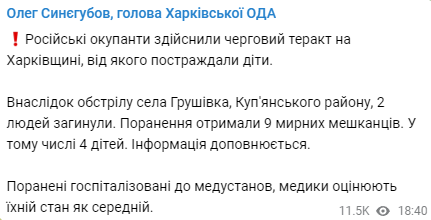 Олег Синегубов сообщил о том, что два человека погибли в результате обстрела села Грушевка Харьковской области 