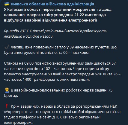 Отключения света в Киевской области из-за непогоды - где нет света