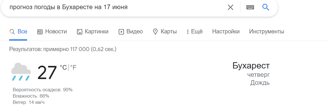 Прогноз погоды в Бухаресте на 17 июня 2021