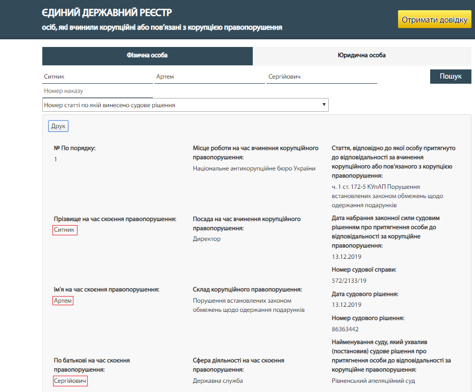Артем Сытник в государственном реестре коррупционеров