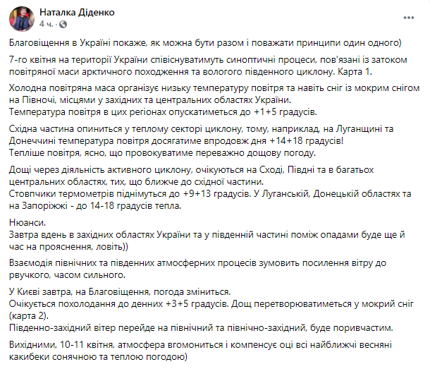 синоптик дала прогноз погоды в Украине на Благовещенье