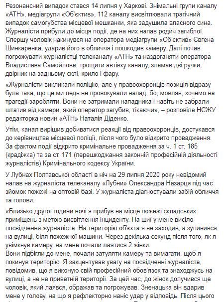 О нападениях на журналистов в Украине. Скриншот Facebook-страницы Сергея Томиленко