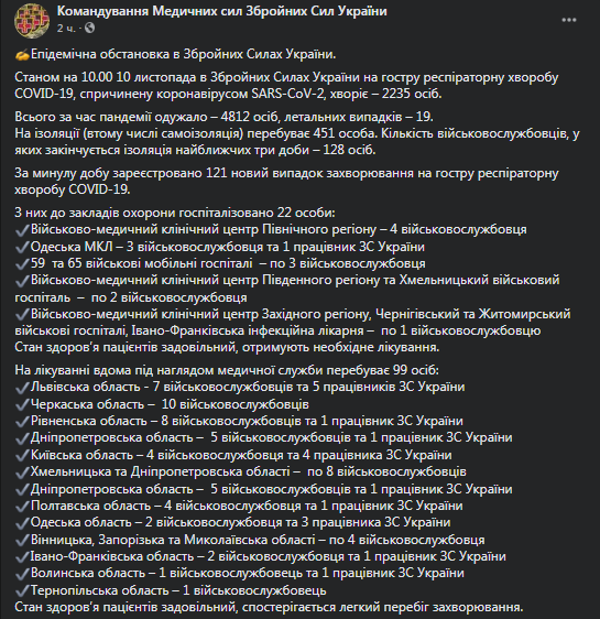 Коронавирус в ВСУ на 10 ноября. Скриншот фейбсук-поста Командования Медсил ВСУ