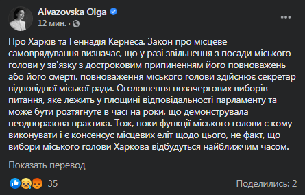 Айвазовская - о выборах в Харькове после смерти Кернеса. Скриншот фейсбук-поста