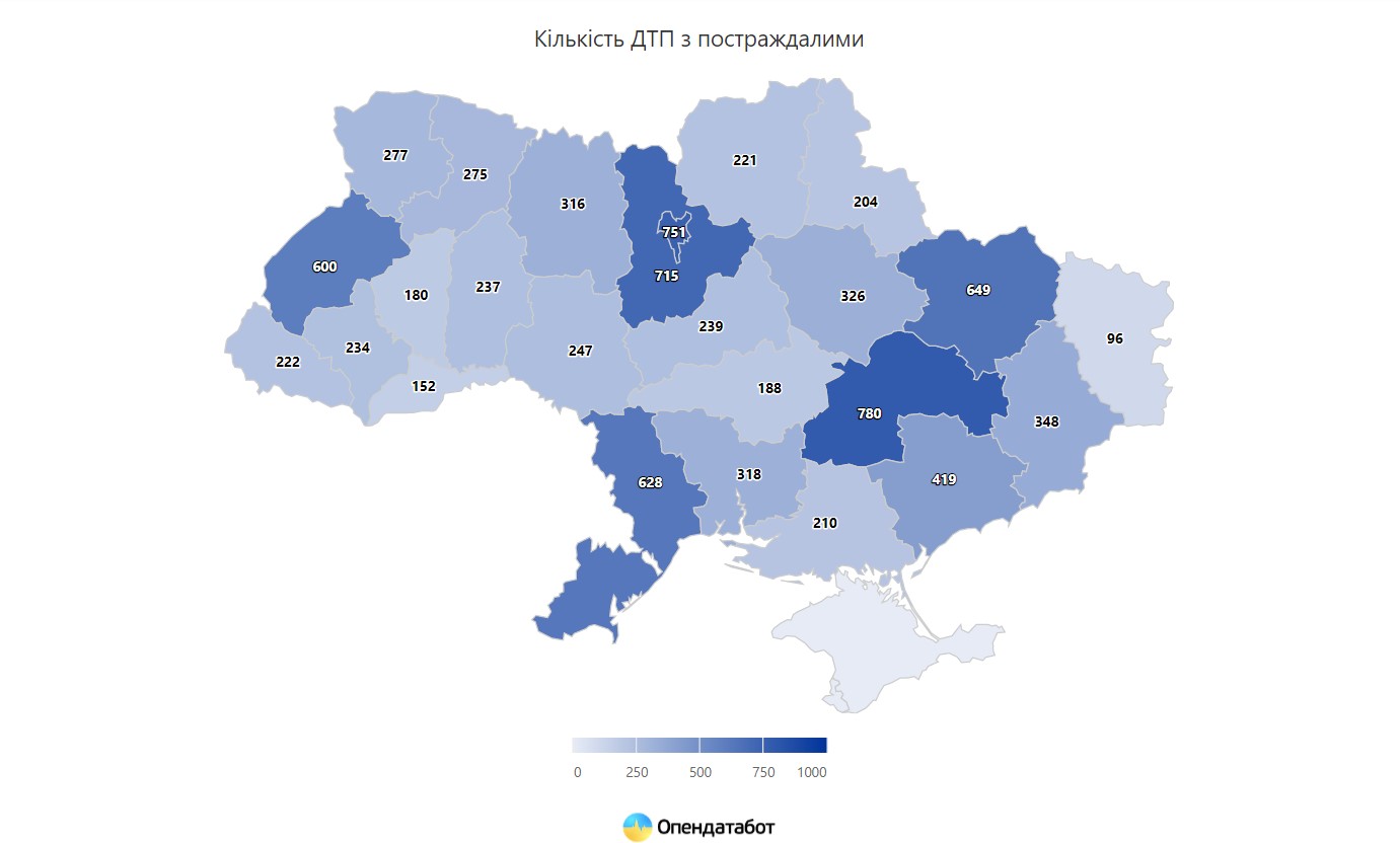 Количество ДТП по областям. Фото: Опендатабот