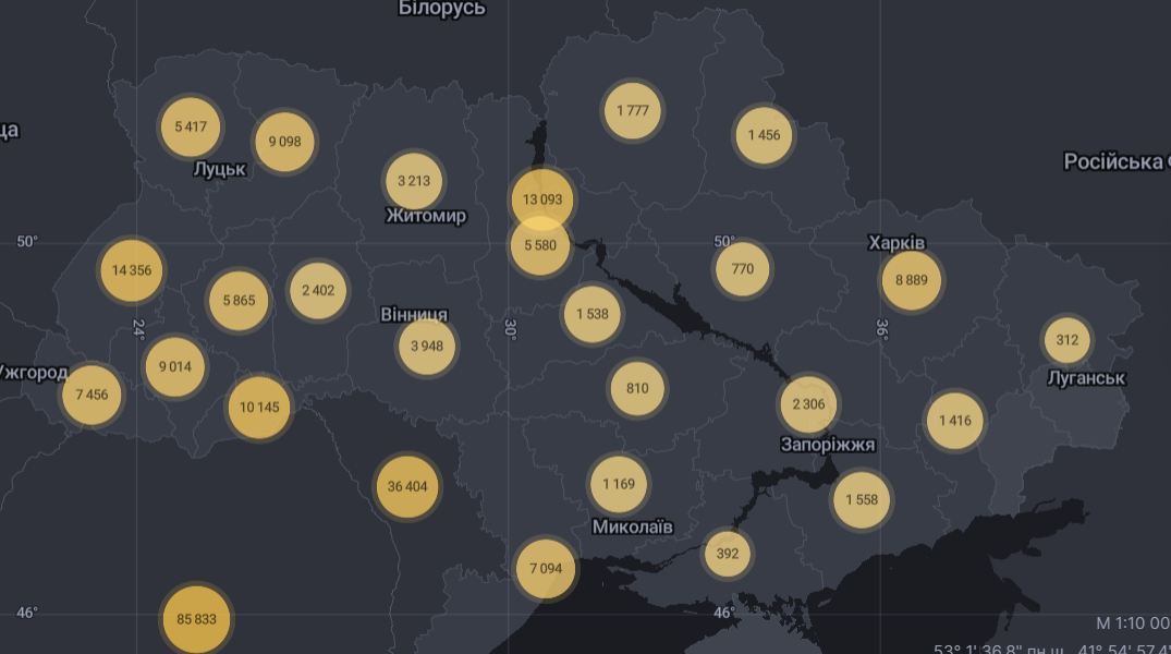 Карта заражений по регионам Украины