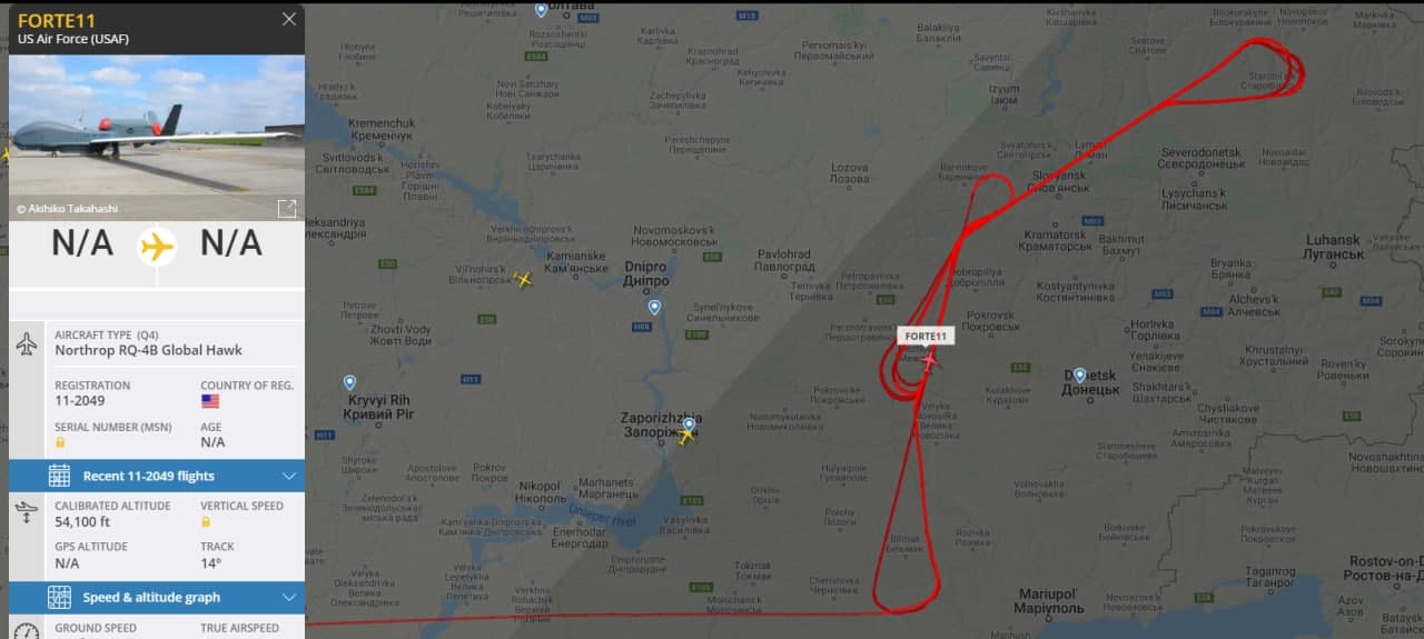 Возле линии разграничения на Донбассе и Крыма пролетел беспилотник ВВС США. Скриншот