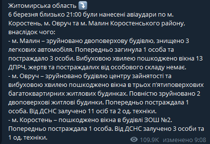 Российские войска ночью нанесли авиаудары по городам Житомирской области. Есть погибшие и пострадавшие