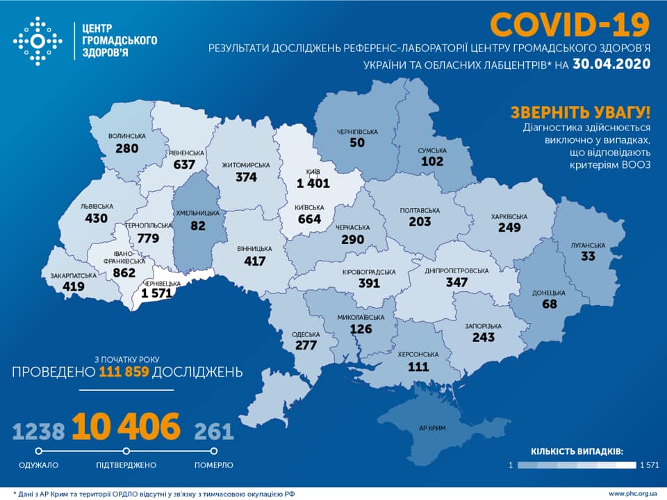 Опубликована карта распространения COVID-19 по областям Украины на 30 апреля. Фото: Facebook / ЦОЗ