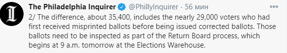 Пенсильвания посчитает голоса только к пятнице. Скриншот twitter.com/phillyinquirer