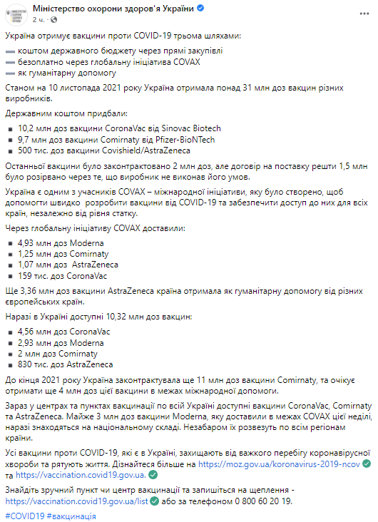 В МОЗ рассказали, сколько вакцин от коронавируса уже получила Украина. Скриншот из фейсбука