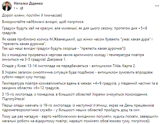 Прогноз погоды в Украине на выходные. Скриншот из фейсбука Наталь Диденко