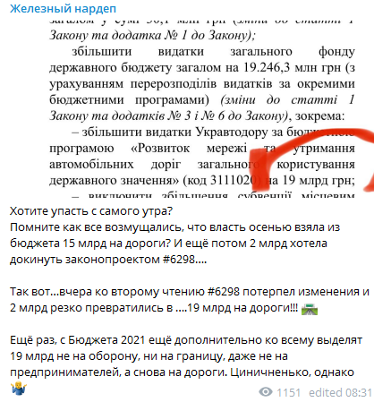 В бюджете на дороги выделена крупная сумма. Скриншот из телеграм-канала Желехняка