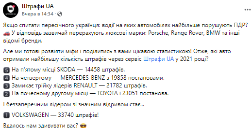 Авто какой марки чаще всего нарушали пдд в Украине. Скриншот из фейсбука